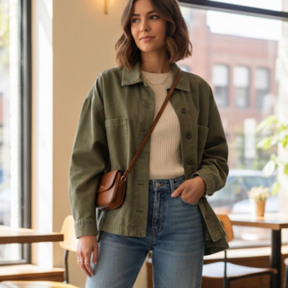 ZARA Cotton Canvas Olive Green Boxy Oversized Cropped Jacket Medium - Picture 2 of 9